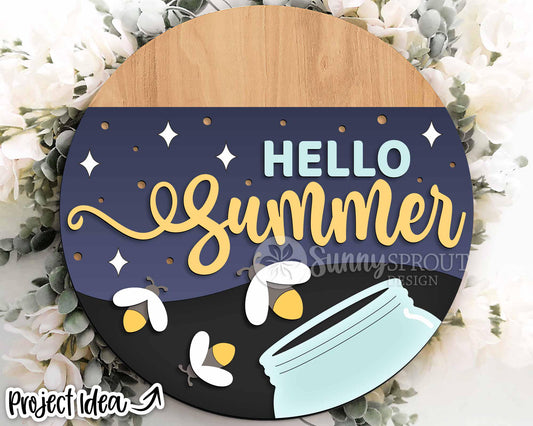 Hello Summer Fireflies and Jar Sign, Digital Download, SVG Laser Cut File, Cricut, Round Door Hanger Design