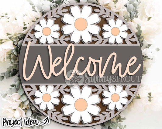 Welcome Flower Pattern Sign, Digital download, SVG Laser cut file, Cricut, Round door hanger design, Spring summer floral decor