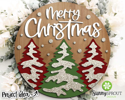 Merry Christmas Snowy Pine Trees Sign, Digital Download, SVG Laser Cut File, Cricut, Round Door Hanger Design