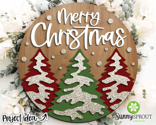 Merry Christmas Snowy Pine Trees Sign, Digital Download, SVG Laser Cut File, Cricut, Round Door Hanger Design
