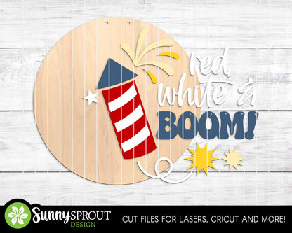 Red, White & Boom Firecracker Sign, Digital Download, SVG Laser Cut File, Cricut, Round Door Hanger Design, Patriotic 4th of July Decor