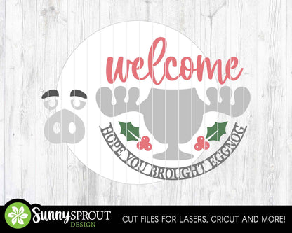 Welcome Moose Eggnog Sign, Digital Download, SVG Laser Cut File, Cricut, Round Door Hanger Design, Funny Christmas Decor