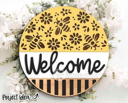 Welcome Bee & Flower Pattern Sign, Digital Download, SVG Laser Cut File, Cricut, Summer Round Door Hanger Design