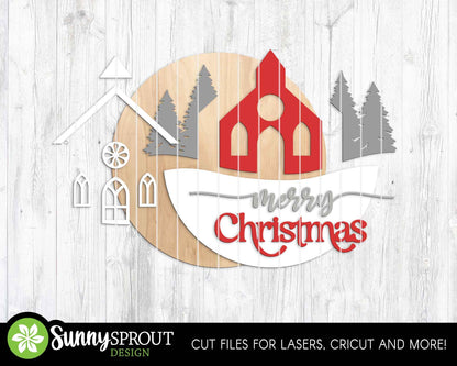 Merry Christmas Church & Pine Trees Sign, Digital Download, SVG Laser Cut File, Cricut, Round Door Hanger Design, Winter Decor