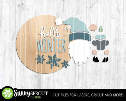 Hello Winter Gnome with Cup Sign, Round door hanger svg, Glowforge laser file, Cricut, Winter door decor, Winter welcome