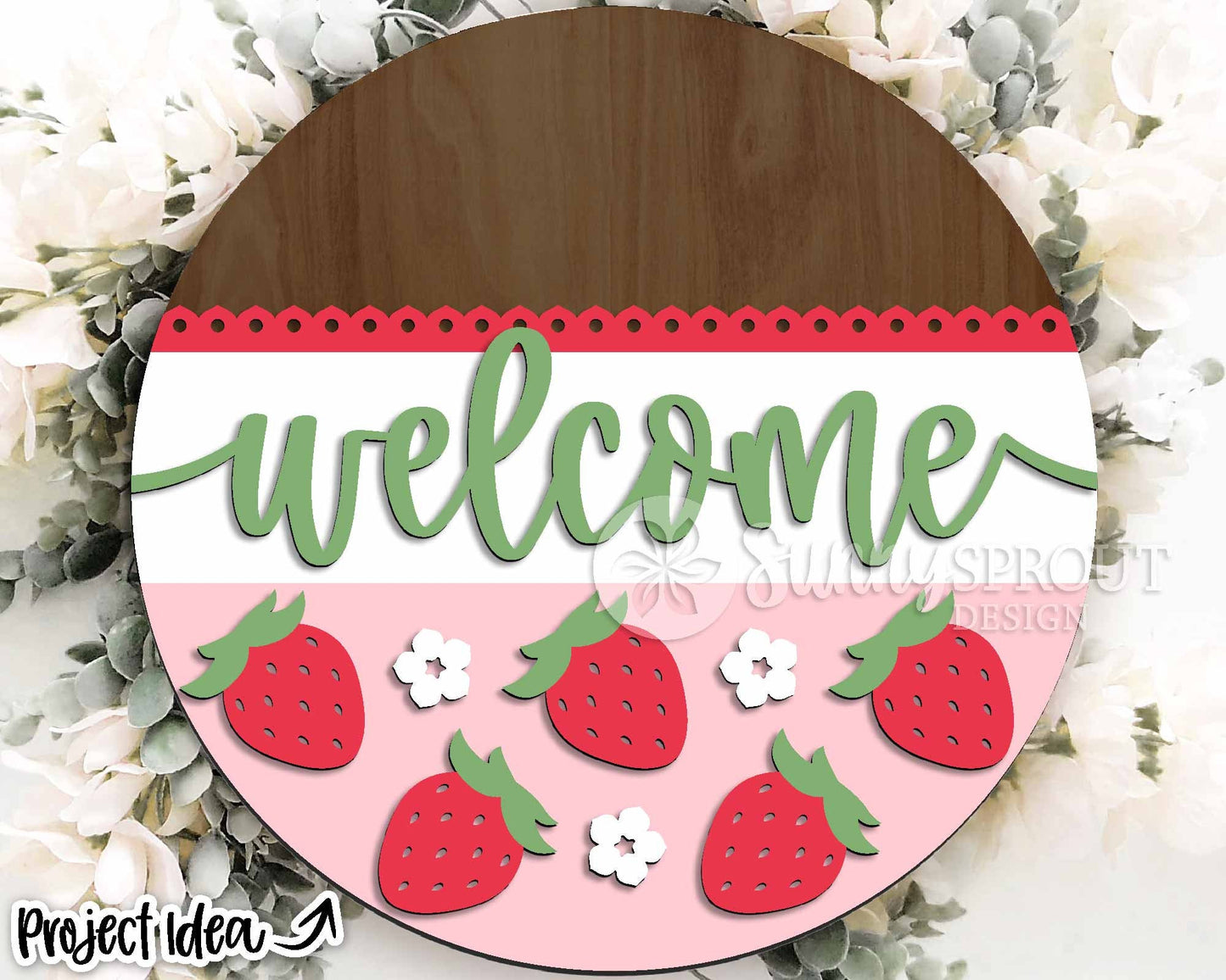 Welcome Strawberry Sign, Digital Download, SVG Laser Cut File, Cricut, Summer Round Door Hanger Design