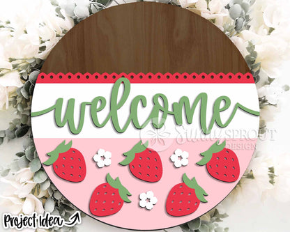 Welcome Strawberry Sign, Digital Download, SVG Laser Cut File, Cricut, Summer Round Door Hanger Design