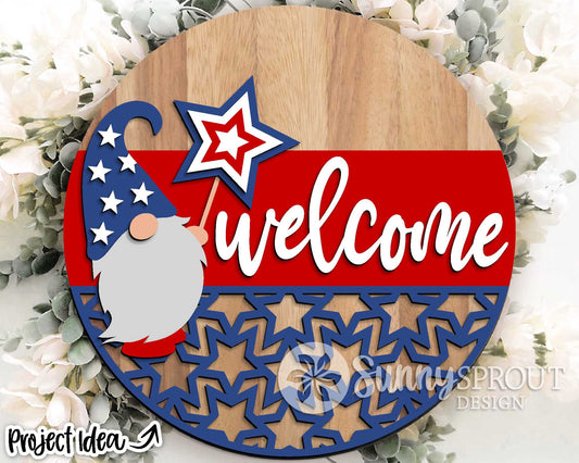 Welcome Patriotic Gnome Sign, Digital Download, SVG Laser Cut File, Cricut, Round Door Hanger Design, Patriotic 4th of July Decor