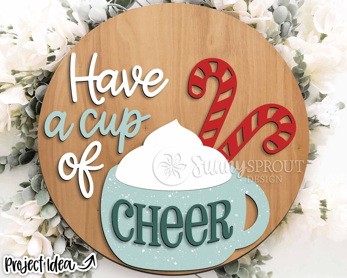 Have a Cup of Cheer Mug Candy Cane Sign, Digital Download, SVG Laser Cut File, Cricut, Round Door Hanger Design, Christmas Decor