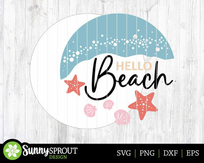 Hello Beach Shoreline Sign, Digital download, SVG Laser cut file, Cricut, Round door hanger wall art design, Ocean coastal decor