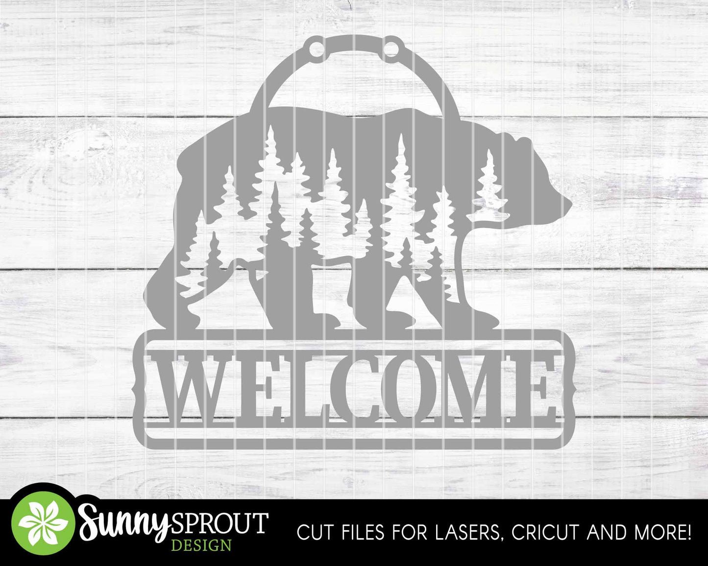 Bear and Trees Welcome Sign, Digital download, SVG Laser cut file, Cricut, Door hanger design, Cabin camping outdoor decor