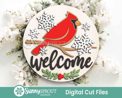 Welcome Cardinal Branch and Snowflakes Sign, Round door hanger, Glowforge laser file, Christmas holiday decor, Winter sign