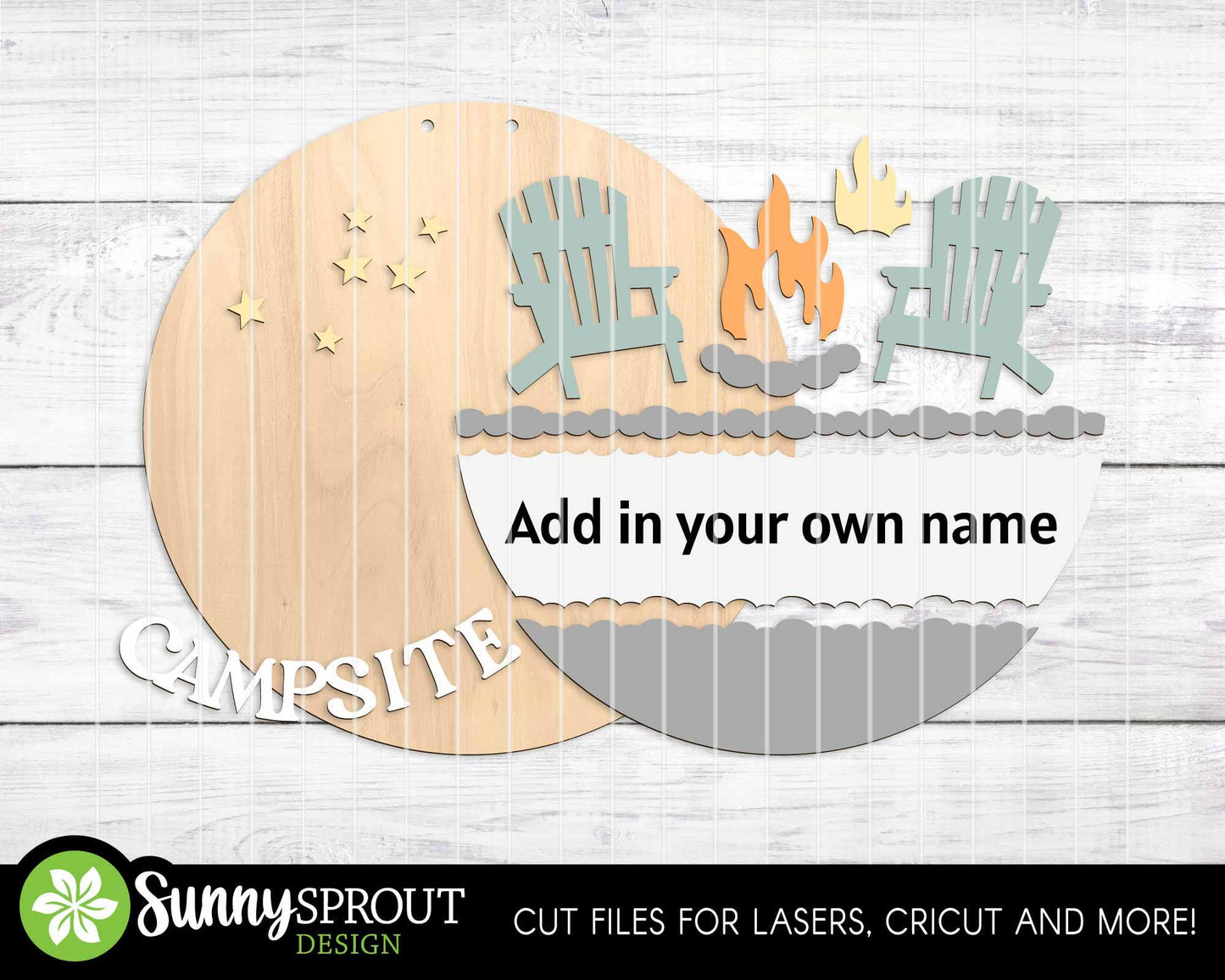 Personalizable Campsite Sign, Digital download, SVG Laser cut file, Cricut, Round door hanger design, Family name camping decor