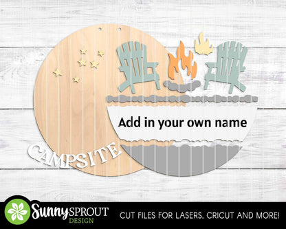 Personalizable Campsite Sign, Digital download, SVG Laser cut file, Cricut, Round door hanger design, Family name camping decor