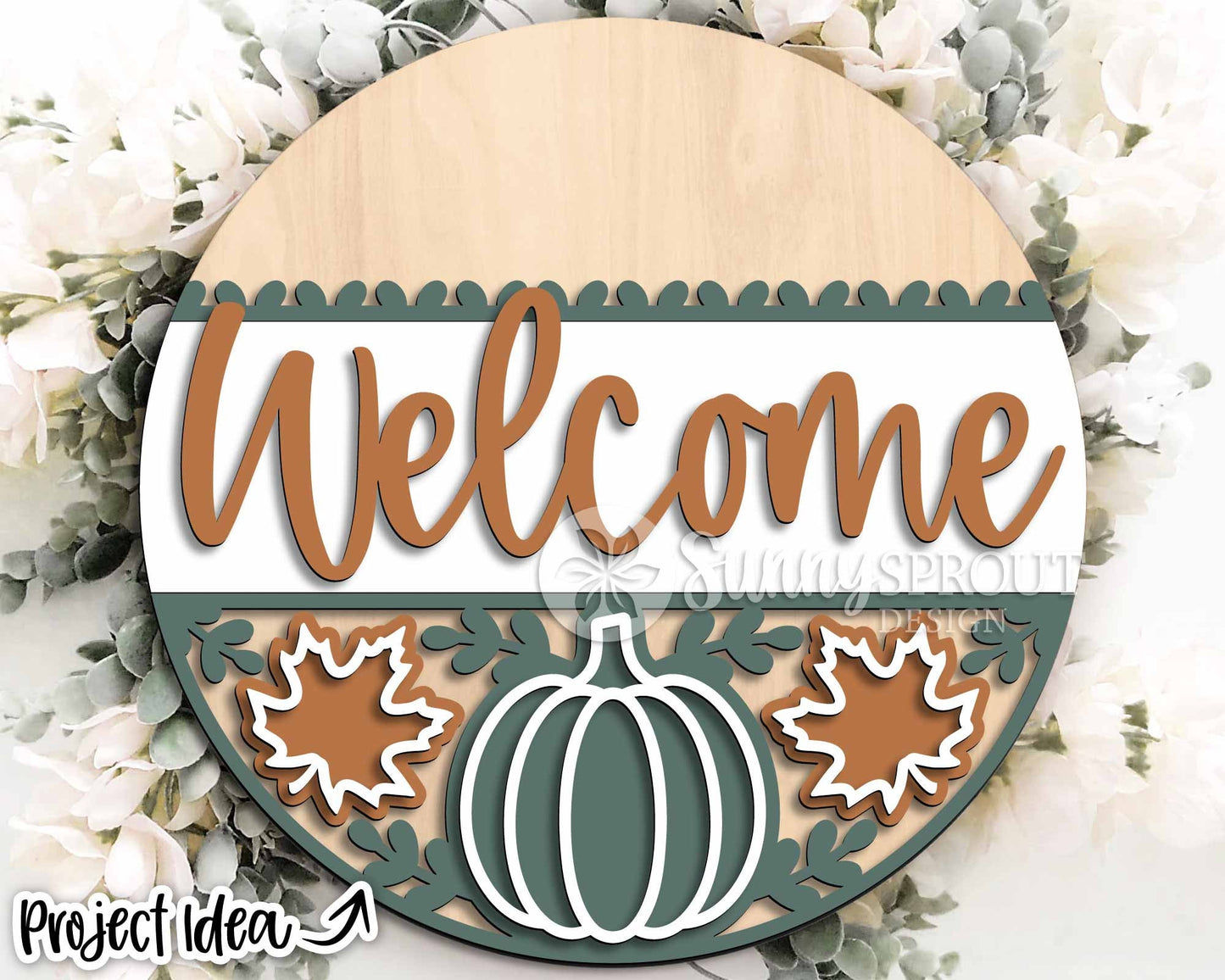 Welcome Pumpkin Leaf Pattern Sign, Digital Download, SVG Laser Cut File, Cricut, Round Fall Door Hanger Design