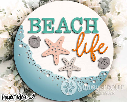 Beach Life Starfish Sign, Digital download, SVG Laser cut file, Cricut, Round door hanger wall art design, Ocean coastal decor