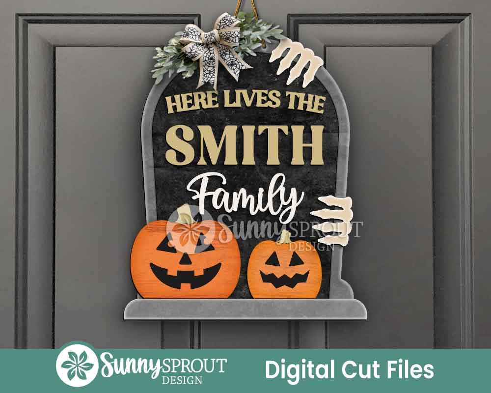 Gravestone Family Name Sign, Digital Download, SVG Laser Cut File, Cricut, Halloween Door Hanger Design, Personalize