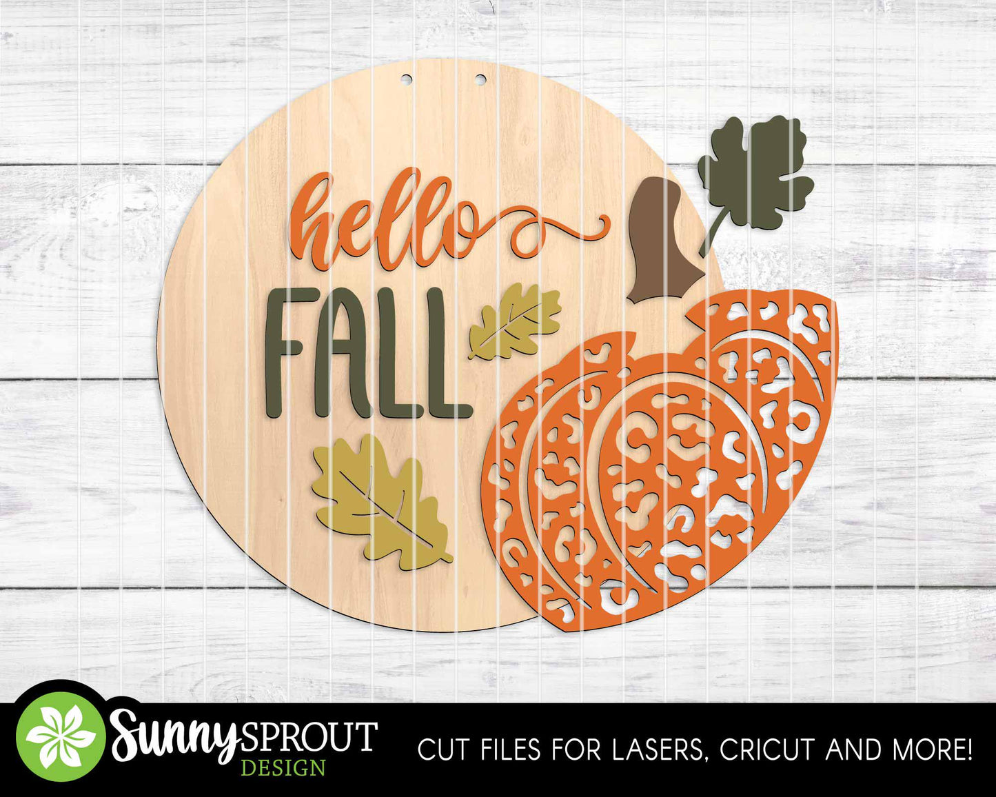 Hello Fall Leopard Print Pumpkin Sign, Digital Download, SVG Laser Cut File, Cricut, Round Door Hanger Design