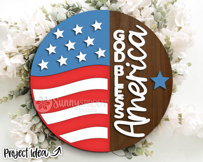 God Bless America Flag Sign, Digital Download, SVG Laser Cut File, Round Door Hanger Design, Patriotic 4th of July Decor