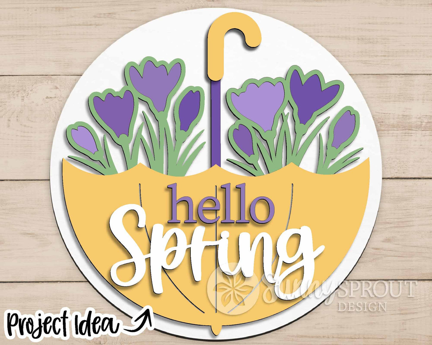 Hello Spring Umbrella Crocus Flower Sign, Digital download, SVG Laser cut file, Cricut, Round door hanger design
