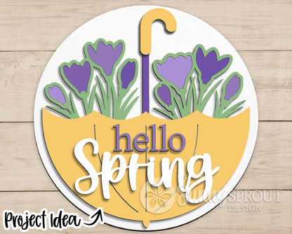 Hello Spring Umbrella Crocus Flower Sign, Digital download, SVG Laser cut file, Cricut, Round door hanger design