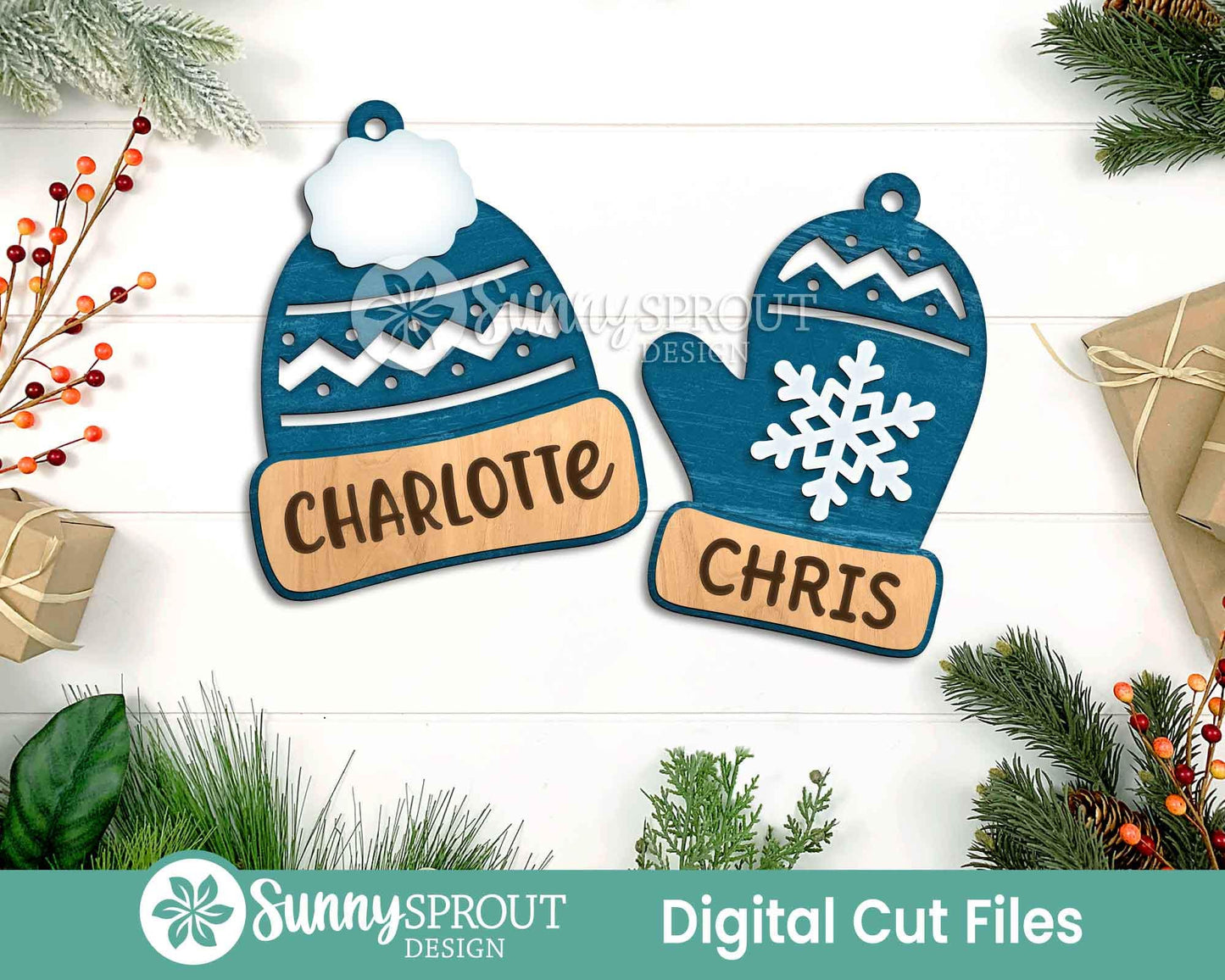 Winter Hat Mitten Ornaments, Digital download, SVG laser cut file, Cricut, Personalize name Christmas design