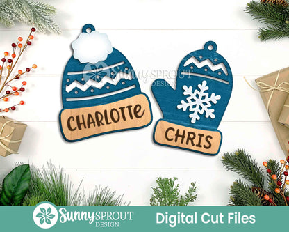 Winter Hat Mitten Ornaments, Digital download, SVG laser cut file, Cricut, Personalize name Christmas design
