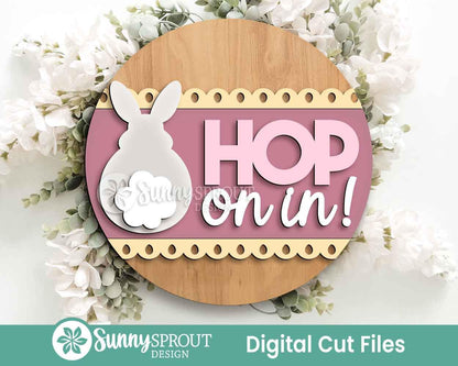 Hop On In Bunny Tail Sign, Digital download, SVG Laser cut file, Cricut, Round door hanger design, Spring Easter decor