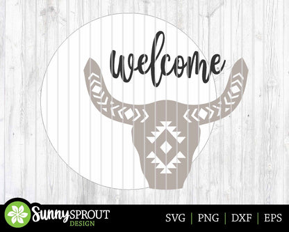 Welcome Aztec Cow Skull Sign, Digital Download, SVG Laser Cut File, Cricut, Southwestern Cowboy Round Door Hanger Design