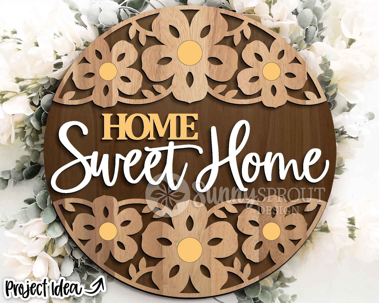Home Sweet Home Flower Pattern Sign, Digital Download, SVG Laser Cut File, Cricut, Spring Summer Floral Round Door Hanger Design
