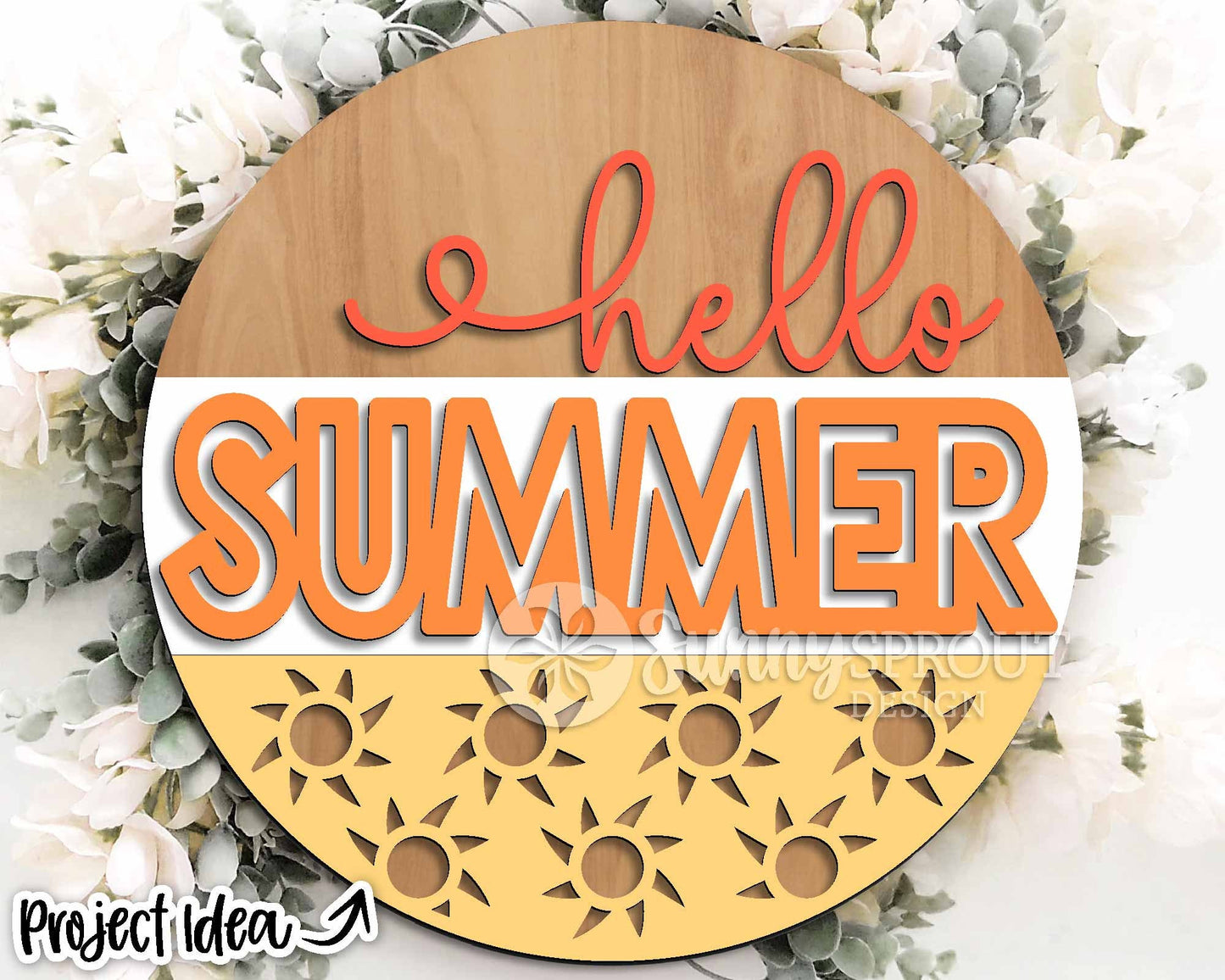 Hello Summer Sun Pattern Sign, Digital Download, SVG Laser Cut File, Round Door Hanger Design