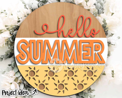 Hello Summer Sun Pattern Sign, Digital Download, SVG Laser Cut File, Round Door Hanger Design
