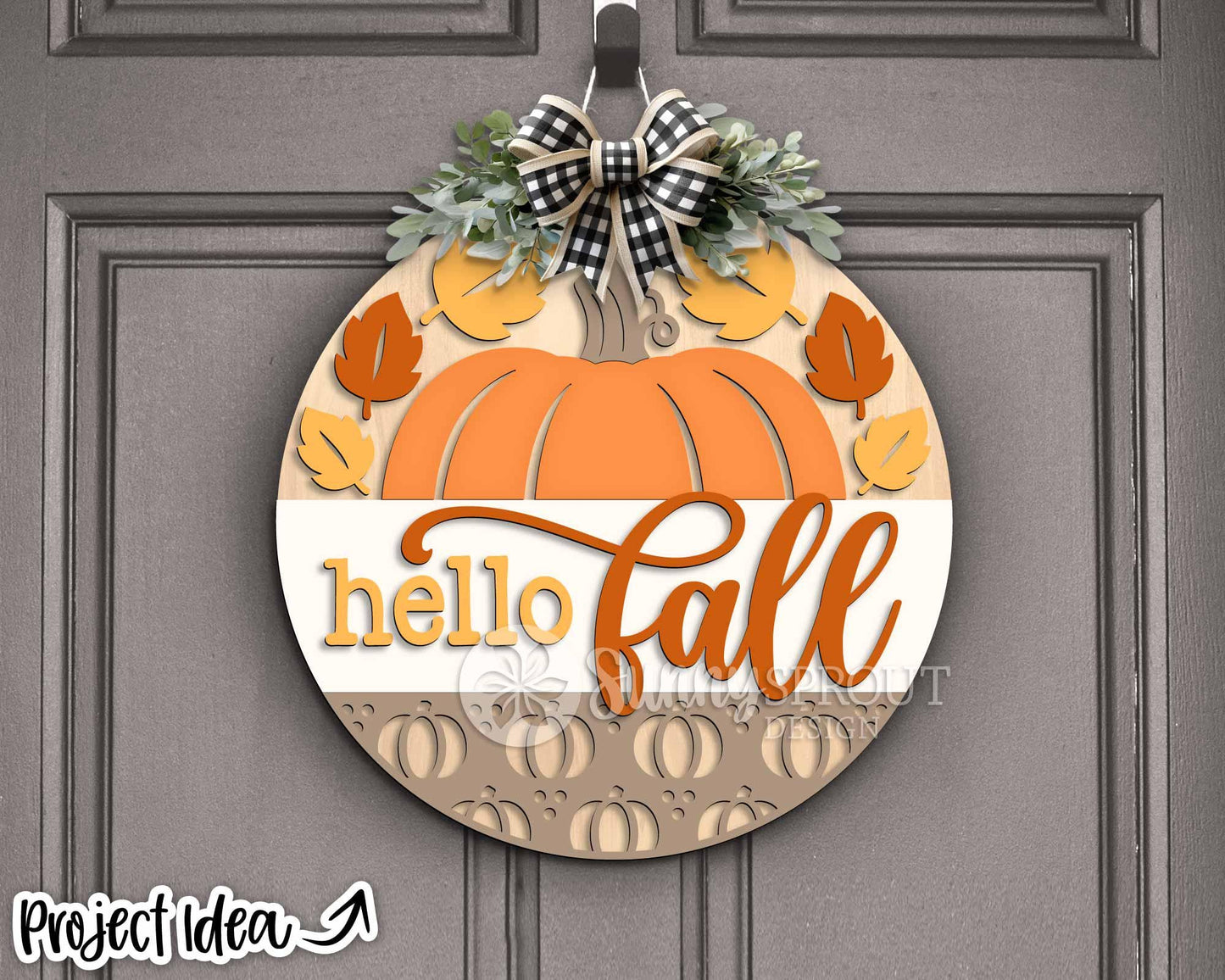 Hello Fall Pumpkin & Leaves Sign, Digital Download, SVG Laser Cut File, Cricut, Round Autumn Door Hanger Design