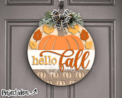 Hello Fall Pumpkin & Leaves Sign, Digital Download, SVG Laser Cut File, Cricut, Round Autumn Door Hanger Design