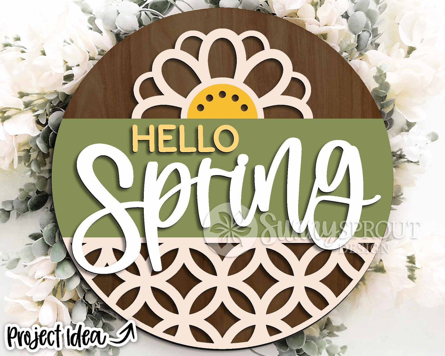 Hello Spring Flower Pattern Sign, Digital download, SVG Laser cut file, Cricut, Round door hanger design