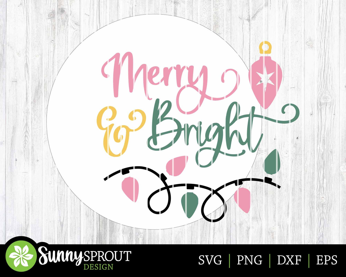 Merry & Bright String Lights Sign, Digital Download, SVG Laser Cut File, Cricut, Round Door Hanger Design, Christmas Decor