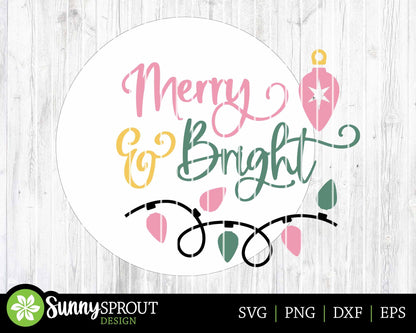 Merry & Bright String Lights Sign, Digital Download, SVG Laser Cut File, Cricut, Round Door Hanger Design, Christmas Decor