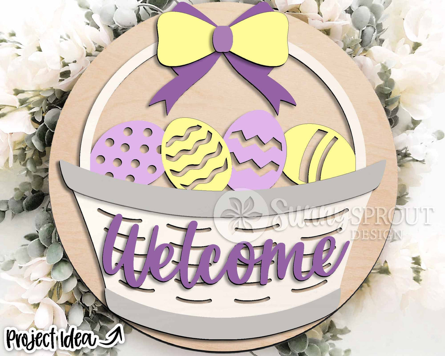 Welcome Easter Egg Basket Sign, Digital download, SVG laser cut file, Cricut, Round door hanger design