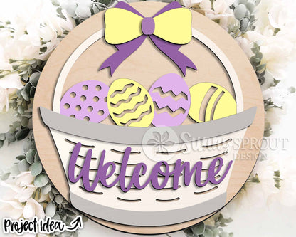 Welcome Easter Egg Basket Sign, Digital download, SVG laser cut file, Cricut, Round door hanger design