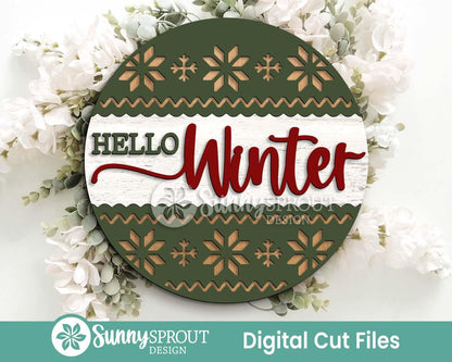 Hello Winter Sweater Pattern Sign, Round door hanger, Glowforge laser file, Cricut, Christmas svg, Winter welcome sign svg