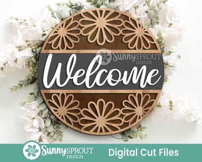 Welcome Daisy Pattern Sign, Digital download, SVG Laser cut file, Cricut, Round door hanger design, Spring summer decor