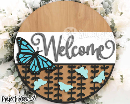 Welcome Monarch Butterfly Sign, Digital Download, SVG Laser Cut File, Cricut, Summer Fall Round Door Hanger Design