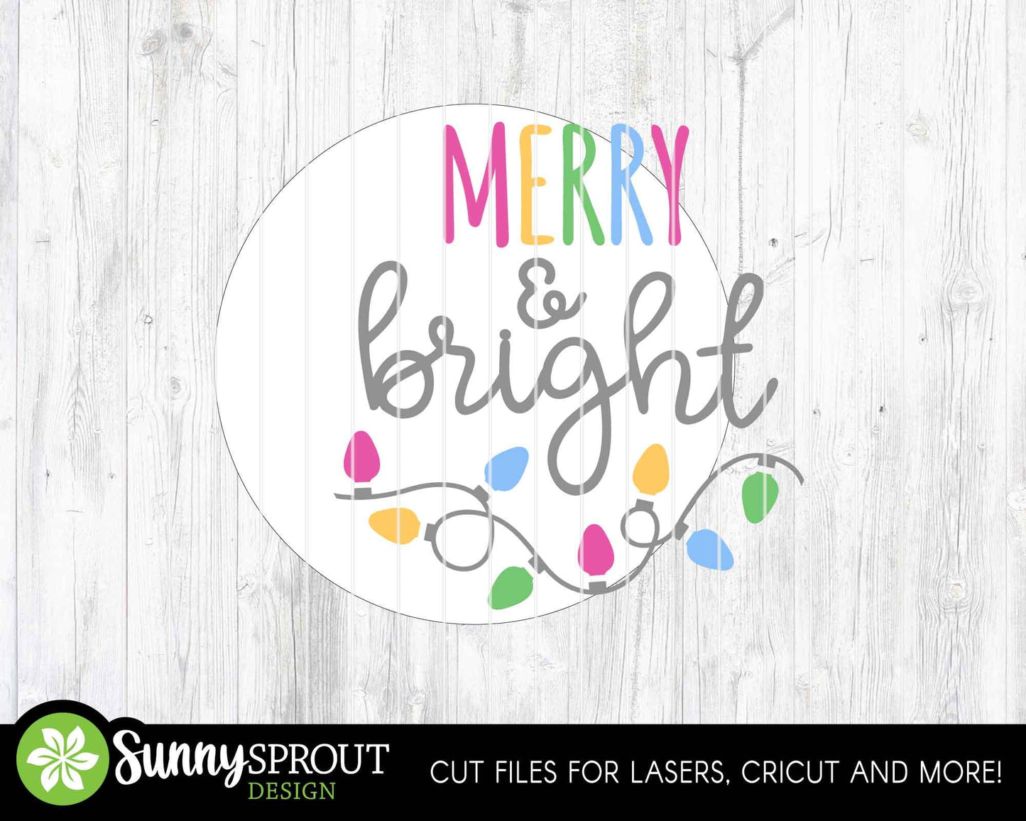 Merry & Bright String Light Sign, Digital Download, SVG Laser Cut File, Cricut, Round Door Hanger Design, Christmas Decor