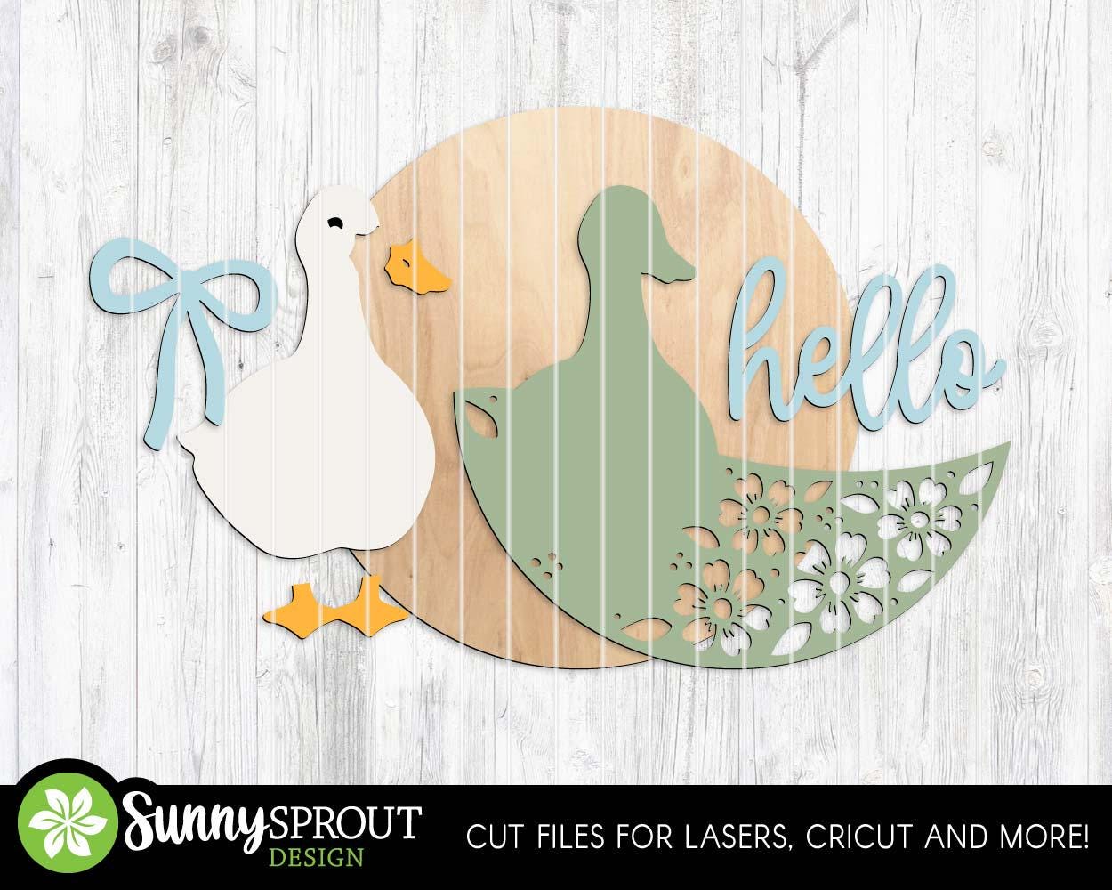 Hello Goose with Bow and Flowers Sign, Digital download, SVG Laser cut file, Cricut, Round door hanger design, Spring decor