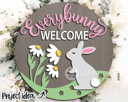 Everybunny Welcome Daisy Sign, Digital download, SVG Laser cut file, Cricut, Round door hanger design, Spring Easter decor