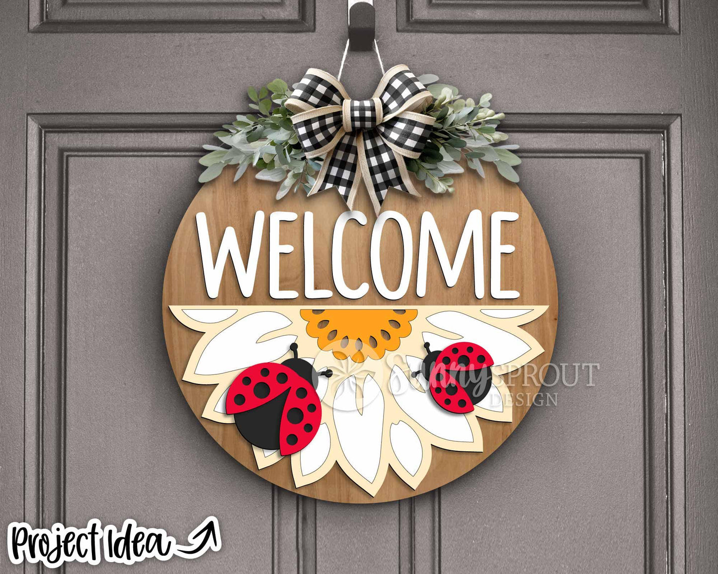Welcome Ladybug Sunflower Sign, Digital Download, SVG Laser Cut File, Cricut, Summer Fall Round Door Hanger Design