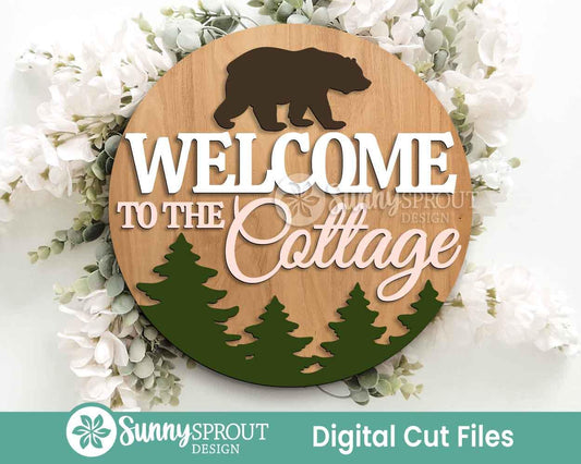 Welcome to The Cottage Sign, Digital download, SVG Laser cut file, Cricut, Round door hanger design, Camping cabin outdoor decor