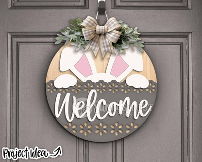 Welcome Bunny Ears Sign, Digital download, SVG Laser cut file, Cricut, Round door hanger design, Spring Easter decor