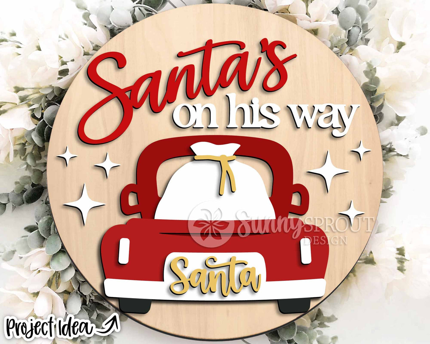Santa's on His Way Old Truck Sign, Digital Download, SVG Laser Cut File, Cricut, Round Door Hanger Design, Farmhouse Christmas Decor