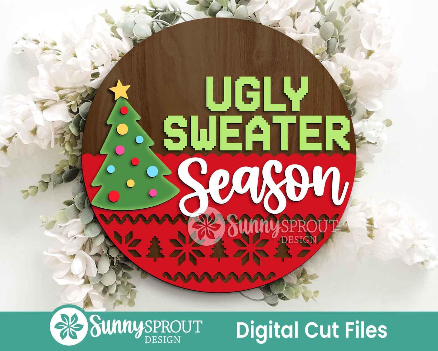Christmas Laser Sign Bundle 7, Round door hanger, Glowforge laser cut file, Holiday welcome sign svg, Winter decor svg
